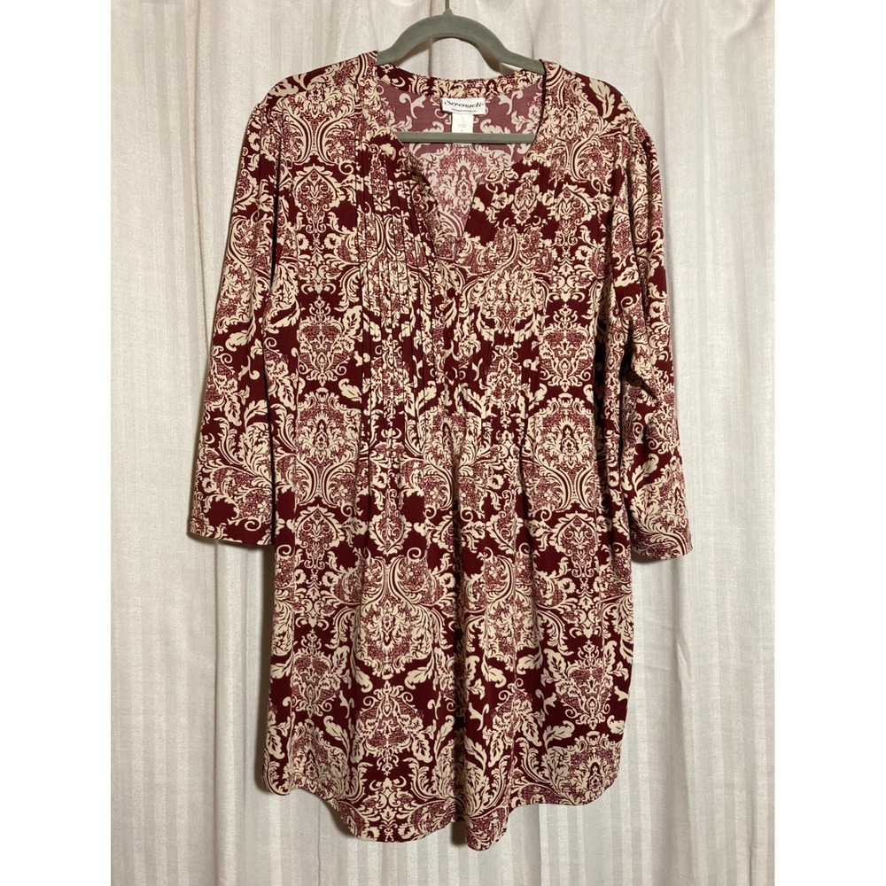 Romantic Baroque Burgundy Cream Damask Pintuck Tunic Top 3/4 Sleeve XL Serengeti